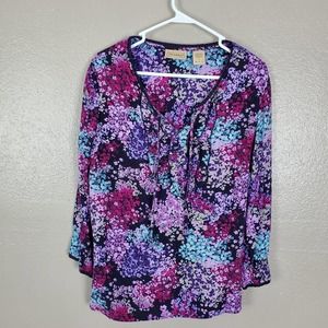 Art and Soul Jewel Tone Floral Boho Peasant Tunic w/Tie, Lace & Ruffles L